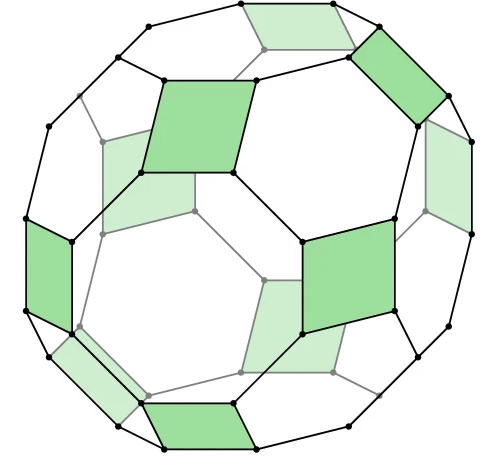 A polyhedron drawn as a wireframe of black edges and vertices with several of its square faces shaded green, the Dowker complex of a multiway relation.