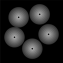 Five discs of concentric grey rings arranged in a pentagon