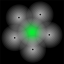 Five discs of concentric grey rings arranged in a pentagon with a green glow at the center