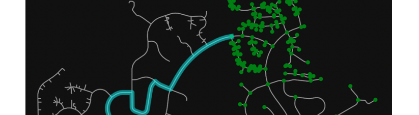 A road network drawn in grey on a black background, with one route highlighted as a thick teal path and a cluster of green nodes marking points along the roads to the right.