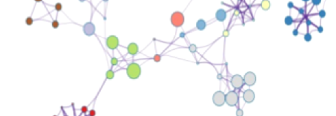 A horizontal strip through a network of pathway terms drawn as colored circles joined by purple edges: brown, light green, salmon, blue and grey clusters linked by long edges, a dense dark blue cluster at the right edge, and red nodes entering from below.