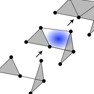 A filtered simplicial complex growing from a few triangles, with a blue-shaded square marking a new face